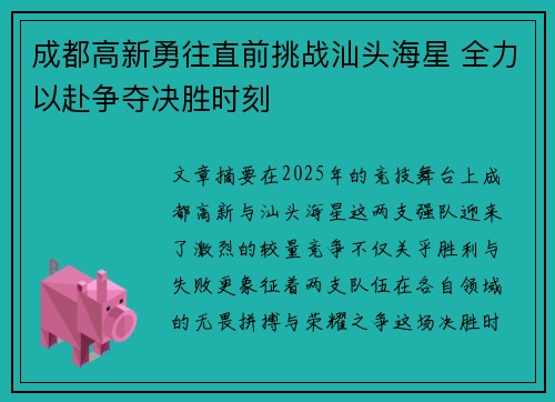 成都高新勇往直前挑战汕头海星 全力以赴争夺决胜时刻 成都高新勇往直前挑战汕头海星 全力以赴争夺决胜时刻